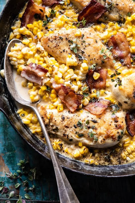 Creamed Corn Chicken, Half Baked Harvest Recipes, Dinner Summer, Corn Chicken, Chicken Corn, Cozy Summer, Summer Recipes Dinner, Harvest Recipes, One Skillet