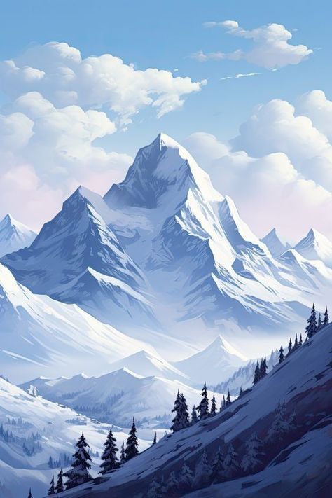 Snow Mountains Illustration, Ski Painting, Motorcycle Art Painting, Mountain Landscape Photography, Winter Mountains, Landscape Tattoo, Mountain Drawing, Painting Snow, Winter Painting