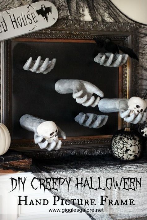 DIY Creepy Halloween Hand Picture Frame_Giggles Galore Halloween Frames Diy, Diy Halloween Picture Frames, Diy Halloween Pictures, Halloween Picture Frames, Mansion Decor, Creepy Halloween Food, Halloween Props Diy, Diy Halloween Wreath, Fun Halloween Crafts