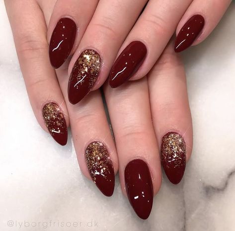 #nails #nailart #nailsofinstagram #naildesign #red #gold Golden Glitter Nail Art, Bridal Nails Wedding Red And Gold, Bridal Extensions Nails, Dark Bridal Nails Wedding, Red Nail Extensions Designs, Bridal Red Nail Art, Bridal Nails Red Wedding, Nail Designs Maroon And Gold, Maroon Nails With Gold Glitter