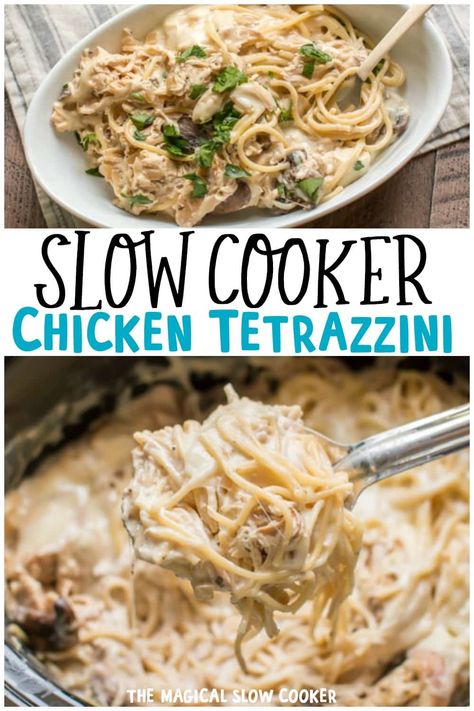 Creamy and decadent chicken tetrazzini cooked in the slow cooker! - the magical slow cooker Chicken Tetrazzini Recipes, Slow Cooker Pasta Recipes, Magical Slow Cooker, The Magical Slow Cooker, Chicken Tetrazzini, Easy Crockpot Dinners, Slow Cooker Pasta, Crockpot Dinners, Pot Dinners