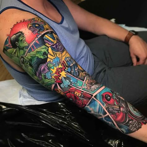 tattoo sleeve marvel comic books Men Art Tattoo, Comic Sleeve Tattoo, Marvel Tattoo Sleeve, Full Arm Sleeve Tattoo, Super Hero Tattoos, Wizard Tattoo, Comic Book Tattoo, Avengers Room, Hero Tattoo