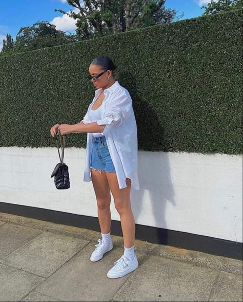 White Button Down With Shorts, Bowling Outfit Black Women, White Button Down Shirt Outfit Summer, Shorts With Oversized Shirt, Shorts And Sneakers Outfit, Movie Date Outfit Ideas, Shirt And Denim Shorts, Casual Sporty Outfits, December Outfits