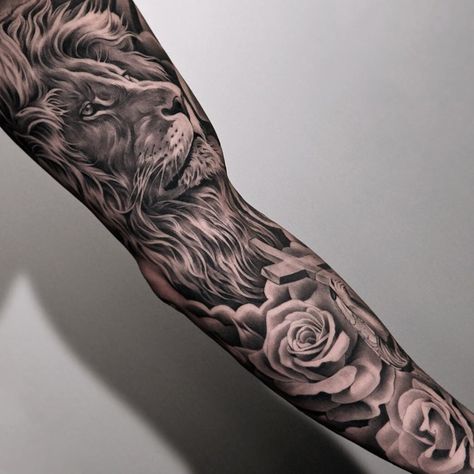 Lion & Roses Full Sleeve | Best tattoo design ideas Bicep Tattoo Men Ideas, Inner Bicep Tattoo Men Ideas, Inner Bicep Tattoo Men, Lion And Rose Tattoo, Roses Sleeve, Lion Sleeve, Tattoo Men Ideas, Geometric Lion Tattoo, Bicep Tattoo Men