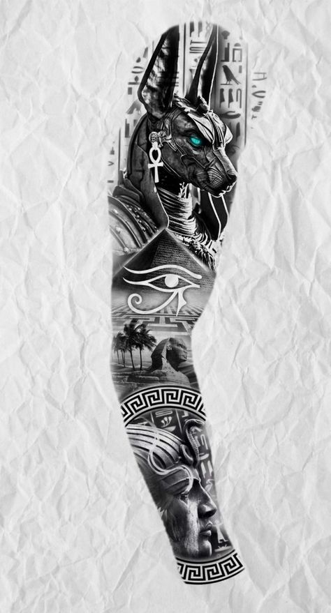 Pyramid Tattoos Egyptian, Egyptian Gods Back Tattoo, Anubis Full Sleeve Tattoo, God Of Egypt Tattoo, Egyptian Full Sleeve Tattoo, Anubis Back Tattoo Design, Horus God Tattoo, Egyptian Mythology Tattoo Sleeve, Egyptian Arm Sleeve