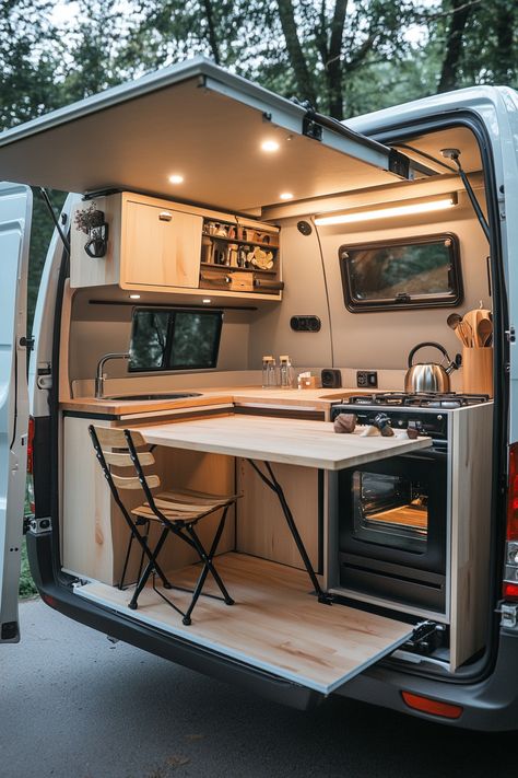 Rv Concept Design, Camper Van Garage, Sprinter Van Kitchen Ideas, Day Van Interior Ideas, Vanlife Interiors Layout, Van Home Layout, Autocaravana Interior Ideas, Cargo Trailer Tiny House, Van Build Layout