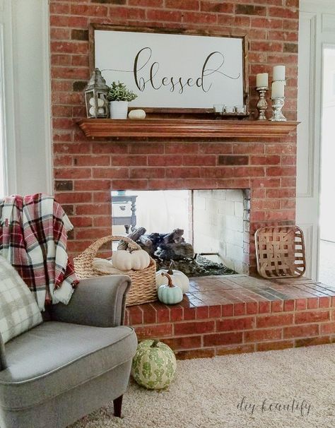 Welcome to my fall home tour! Come inside for endless fall inspiration and projects! Find more at diy beautify! Update A Brick Fireplace, Update Brick Fireplace, Brick Fireplace Mantles, Red Brick Fireplace, Brick Fireplace Decor, Fireplace Painting, Faux Mantle, Brick Ideas, Farmhouse Fireplace Decor