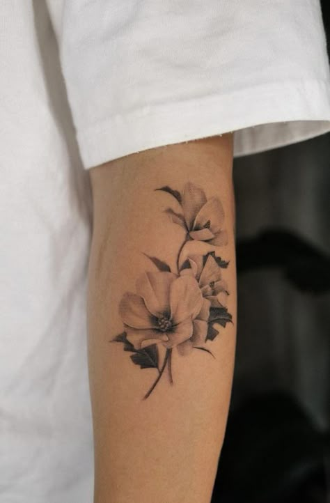 50+ Stunning Flower Tattoos Floral Tattoo Shading, Realism Poppy Tattoo, Small Realistic Flower Tattoo, Shading Only Tattoo, Unusual Flower Tattoo, Flower Tattoo Illustration, Single Line Tattoo Flower, Micro Realism Flower Tattoo, Shaded Floral Tattoo