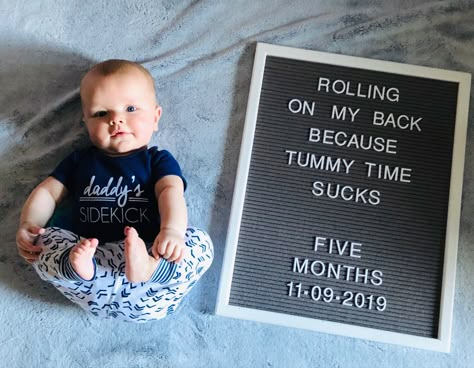 Baby letter board- tummy time sucks board- five months 5 Months Birthday, Five Month Baby Photoshoot, Five Month Letter Board, 2 Month Letter Board Ideas, 4 Month Old Letter Board Ideas, 3 Month Old Letter Board Ideas, Five Months Baby Photography, 7 Month Milestone Letter Board, 5 Month Milestones Pictures