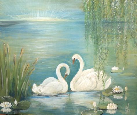 Swan Illustration, Swan Drawing, Swan Painting, Pond Painting, Swans Art, Lake Painting, Lake Art, Canvas Painting Designs, Aesthetic Painting