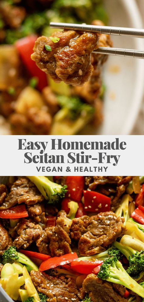 An easy homemade seitan used in a flavorful maple sesame vegetable stir-fry. No baking or steaming needed for making the seitan, and it's perfectly chewy and high in plant protein. Hot For Food, Homemade Seitan, Takeout Recipes, Vegan Seitan, High Protein Vegetarian, Vegan High Protein, Ms Diet, Vegan Stir Fry, Healthy Vegan Dinner Recipes