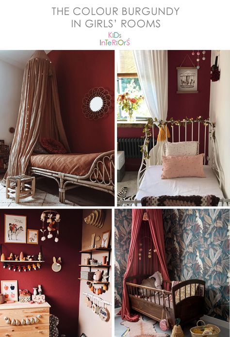 Burgundy - a warm and inviting colour for nursery and kids' rooms Red Toddler Room, Red And Pink Nursery, Pink And Red Nursery, Red Nursery Ideas, Dark Pink Nursery, Maroon Nursery, Jewel Tone Nursery, Red Nursery Girl, Red Kids Bedroom