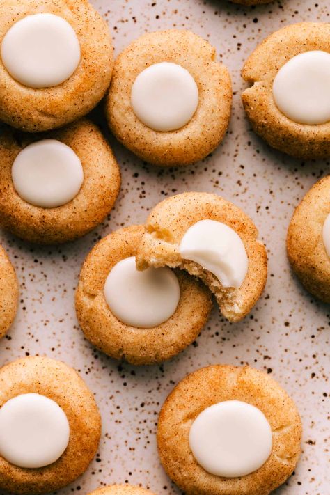 Snickerdoodle Thumbprint Cookies | Baker Street Society Shaped Snickerdoodle Cookies, Vanilla Thumbprint Cookies, Swedish Thumbprint Cookies, Christmas Cookies Snickerdoodles, Cinnamon Thumbprint Cookies, Sugar Cookie Thumbprint Cookies, Snickerdoodle Cookies Christmas, Christmas Cookies No Eggs, Snickerdoodle Thumbprint Cookies