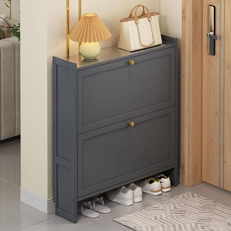 Shoe Storage Hallway, Hidden Shoe Rack, Storage Small Space, Slim Shoe Cabinet, Shoe Storage Small Space, Grey Shoe, Shoe Organizer Entryway, Slim Storage, Narrow Shoe Rack