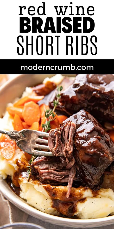 These tender red wine braised short ribs are the perfect winter dinner. They are braised low and slow in the oven with fresh thyme, garlic and red wine until they fall of the bone. Serve them with carrots and gouda mashed potatoes. Use the liquid in the pot to make an easy red wine reduction sauce. Garlic Braised Short Ribs With Red Wine, Red Wine Short Ribs Dutch Ovens, Red Wine Reduction Sauce Beef, Red Wine Braised Beef Short Ribs, Red Wine Beef Short Ribs Crock Pot, Red Wine Braised Short Ribs Dutch Ovens, Slow Braised Short Ribs, Red Wine Braised Short Ribs Slow Cooker, Red Wine Short Ribs Slow Cooker