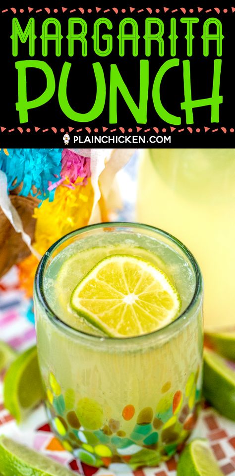 Margarita Punch - great for a crowd! SO easy to make and tastes great! Limeade, Lemonade, orange extract, Sprite, water and tequila. Can leave out the tequila for a virgin margarita punch! Great for Cinco de Mayo, dinner parties and tailgating! #drink #cincodemayo #nonalcoholic #tequila Virgin Margarita Punch, Poolside Meals, Cinco De Mayo Dinner Party, Margarita Punch Recipe, Tequila Punch, Non Alcoholic Margarita, Virgin Margarita, Margarita Punch, Fiesta Recipes