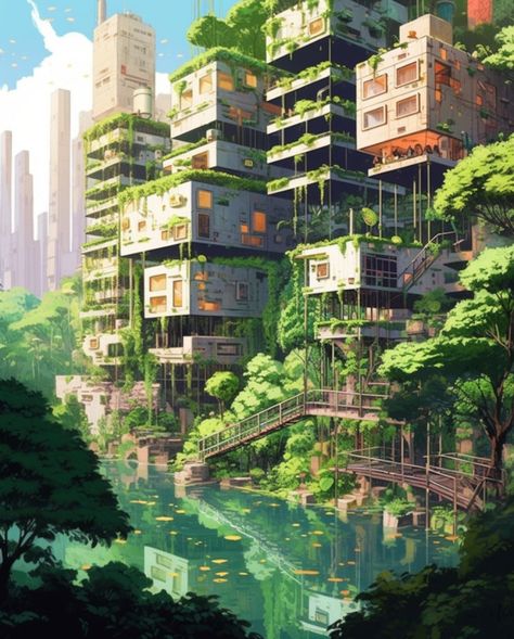 Bio Punk City, Overgrown Cyberpunk City, Over Grown City, Overgrown City Aesthetic, Overgrown Cyberpunk, Overgrown Architecture, Solar Punk Minecraft, Nature City Aesthetic, Solar Punk Art