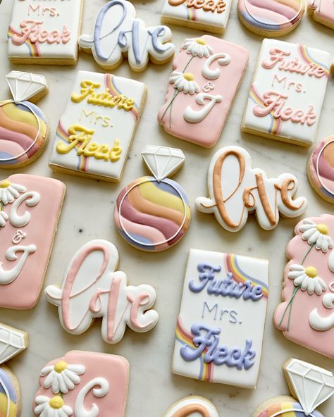 Retro Bridal Shower Cookies, Groovy Bridal Shower Cookies, Groovy Bachelorette Cookies, Dazed And Engaged Cookies, Bach Cookies, Wedding Sugar Cookies, Bride Cookies, Wedding Cookies Decorated, Groovy Wedding