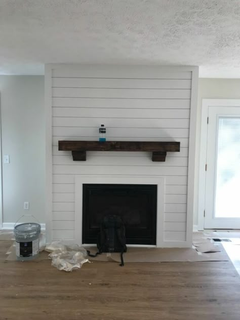 Shiplap Electric Fireplace, Grey Decorating Ideas, Rustic Lounge, Diy Shiplap Fireplace, Led Fireplace, Fireplace Redo, Wood Mantel, Brick Fireplace Makeover, Shiplap Fireplace