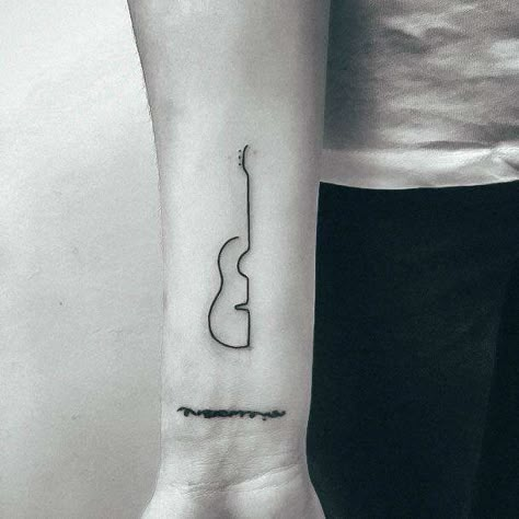 Tiny Guitar Tattoo, Fine Line Guitar Tattoo, Minimalist Guitar Tattoo, Ukulele Tattoo, Small Music Tattoos, Guitar Tattoos, Golden Tattoo, Wrist Tattoos Words, Guitar Tattoo Design