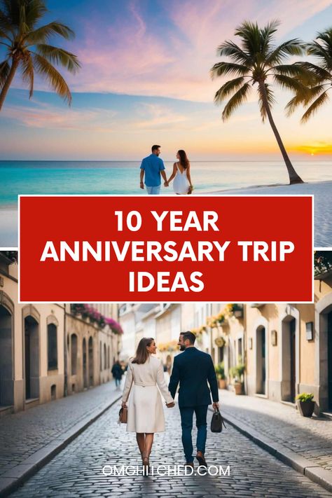 Thinking of the perfect trip to celebrate your 10 year wedding anniversary? We've gathered 7 amazing ideas that will take you and your partner on unforgettable adventures. Picture yourselves wandering cobblestone streets in cute European cities or enjoying breathtaking beach sunrises together. This special decade milestone calls for memories to cherish forever! From cozy mountain retreats to tropical getaways, there's something for everyone. Your dream anniversary awaits—get ready to start planning your algo-You two deserve it! 10year Wedding Anniversary Ideas, Weekend Anniversary Trip Ideas, 10 Year Anniversary Vacation Ideas, 10 Year Anniversary Party Themes, Best Anniversary Trips, 10 Year Anniversary Trip Ideas, Anniversary Vacation Ideas, 10 Year Wedding Anniversary Ideas, Anniversary Party Themes