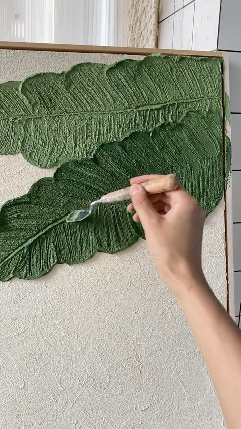 Painting Leaves, Foyer Wall, Green Texture, Texture Paste, Texture Paint, Textured Canvas Art, Textured Canvas, Gold Fashion Necklace, Textured Art