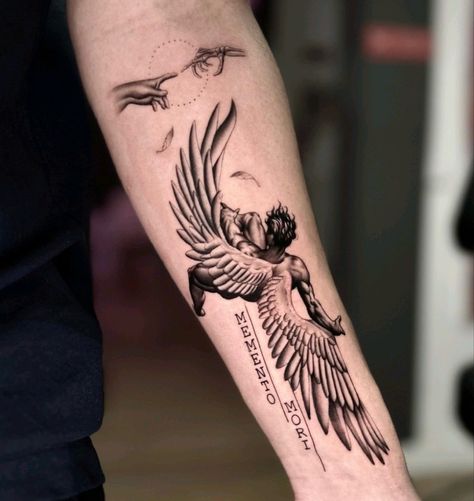 Good Arm Tattoos For Men, Fall Of Man Tattoo, Inside Forearm Tattoos, Fine Line Forearm Tattoo, Icarus Falling Tattoo, Fall Of Icarus Tattoo, Male Forearm Tattoo, Inner Forearm Tattoo Men, Patience Tattoo