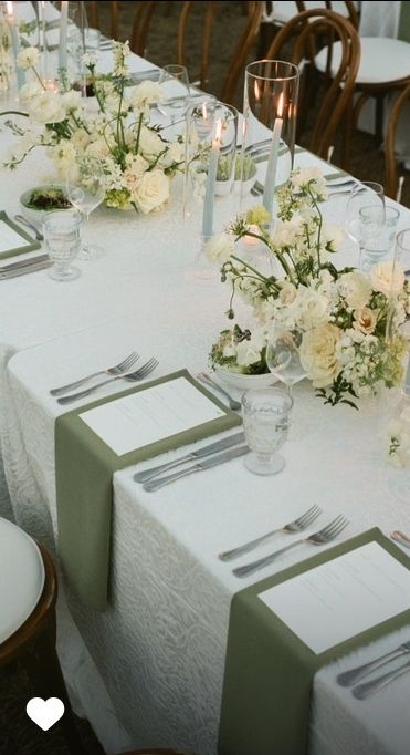 Wedding No Plate Table Setting, Wedding Tablescapes No Plates, Champagne Wedding Reception Tables, White Table Cloth Wedding Decor, Classy Table Settings Wedding, Cream And Green Table Setting, Greenery Tablescape Wedding, Wedding Table Decorations Without Plates, Sage Green Tablecloth Wedding