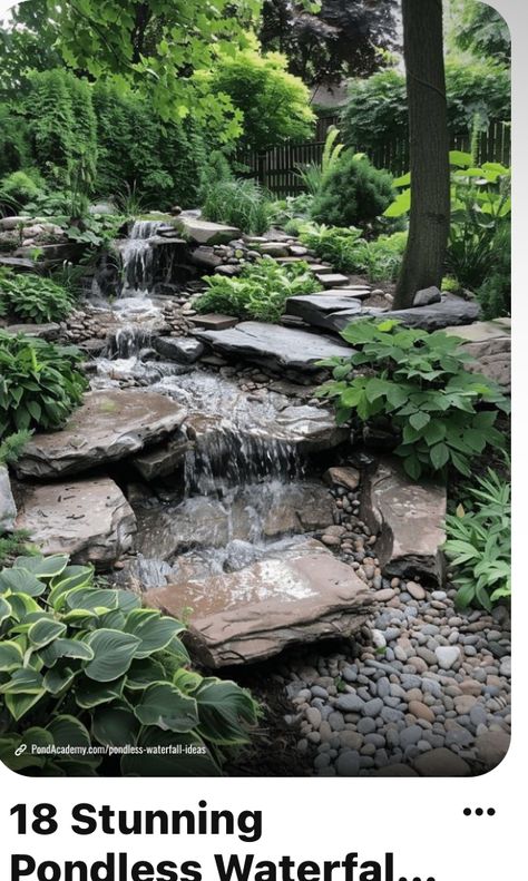 Unique Pond Waterfall Ideas, Rock Water Features For The Yard, Water Feature Landscaping, Flagstone Waterfall, Rock Waterfall Landscaping, Waterfall Landscaping Ideas, Small Ponds With Waterfall, Small Waterfall Ideas, Pondless Waterfall Ideas