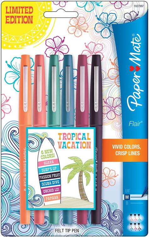 Paper Mate Flair, Felt Tip Pens, Flair Pens, School Supplies List, Planner Pens, Paper Mate, Planning Stickers, Tropical Colors, Felt Tip