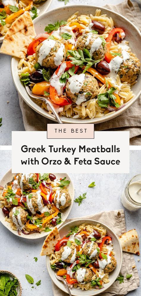 Turkey Meatball Meals Healthy, Health Turkey Recipes, Baked Turkey And Spinach Meatballs With Orzo, Greek Turkey Meatballs Meal Prep, Turkey Feta Meatballs And Lemon Crema, Turkey Meatballs Bowl, Turkey Meatball Rice Bowl, Feta Dinner Ideas, Greek Meatballs And Orzo