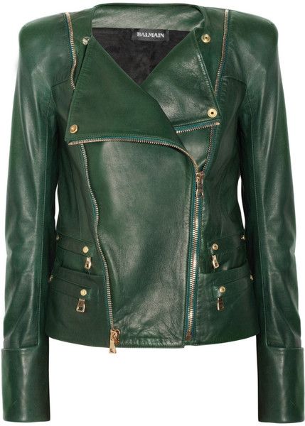 Balmain Leather Jacket in Green Balmain Leather Jacket, Christophe Decarnin, Green Leather Jacket, Green Leather Jackets, Wear Green, Green With Envy, Jacket Outfit, Winter Trends, Zipper Jacket