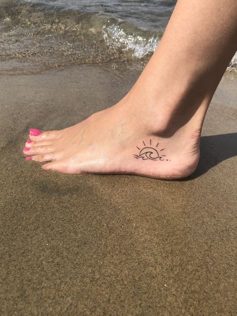 Beach Small Foot Tattoo #smalltattoo #tattoosforwomen Sunset And Beach Tattoo, Matching Beach Tattoos Best Friends, Sunset Beach Tattoo, Beach Related Tattoos, Beach Sunset Tattoo, Calm Tattoo Ideas, Faith Foot Tattoos, Small Foot Tattoo, Foot Tattoo Ideas