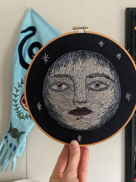 Boygenius Embroidery, Pagan Embroidery, Goddess Embroidery, Witchy Embroidery, Beaded Pictures, Celestial Embroidery, Beaded Moon, Embroidered Moon, Jean Patches