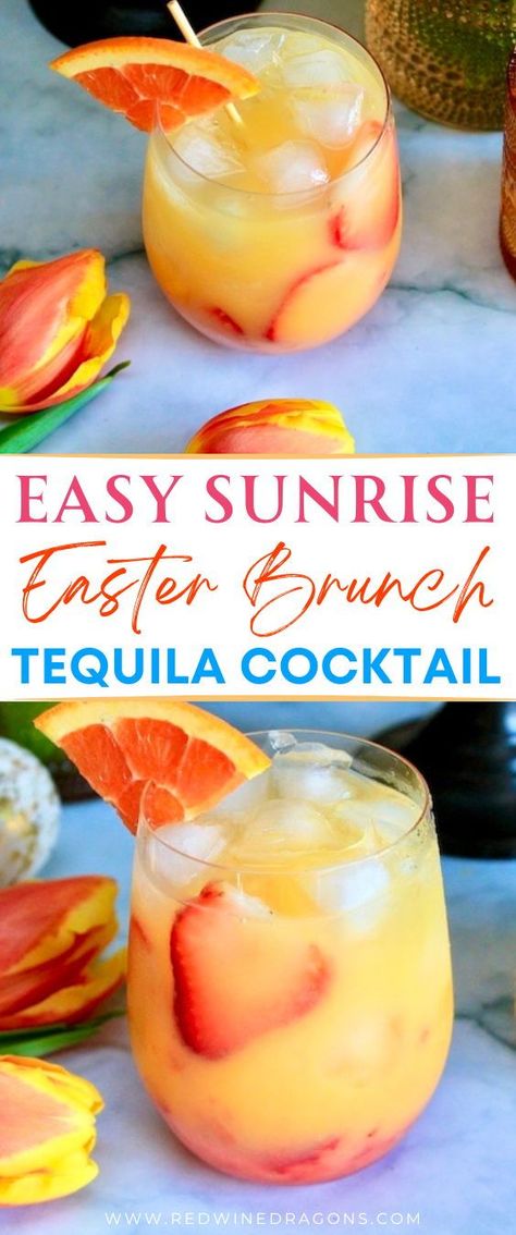 Serve this vibrant sunny strawberry cocktail with orange juice as a festive and easy Easter tequila cocktail for brunch.  #easter #easterbrunch #easterbrunchdrinks #eastertequilacocktail #tequilasunrise #brunchdrinks #easterdrinks Easter Drinks For Adults Pitcher, Brunch Tequila Drinks, Easter Margarita Recipes, Tequila Brunch Cocktails, Breakfast Alcoholic Drinks Brunch, Easter Mixed Drinks, Alcoholic Breakfast Drinks, Easter Drinks Alcohol, Easter Punch Alcohol