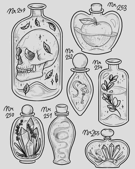 Witchy Projects, How To Draw Witchy Things, Witchy Art Inspiration, Witchy Sketch Ideas, Witchy Aesthetic Art, Witch Style Tattoo, Tattoo Journal, Witchy Line Tattoo, Potion Jar Tattoo