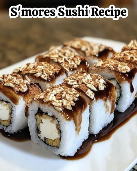 Smores Sushi Roll, Smores Sushi, Rice Krispies Cereal, Sushi Recipe, Rice Krispie Cereal, Marshmallow Fluff, Sushi Recipes, Mini Marshmallows, Sushi Rolls