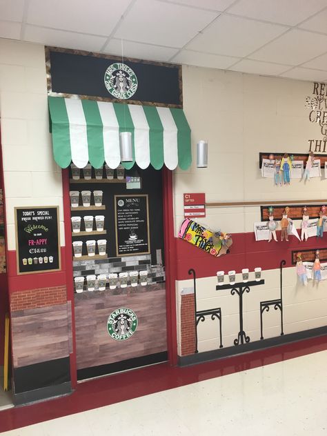 Starbucks school door ideas Hot Cocoa Stand Classroom Door, Coffee Door Decorations Classroom, Starbuck Mode Classroom, Coffee Shop Door Design, Starbucks Christmas Door Decoration, Coffee Door Decorations For School, Star Books Cafe Classroom, Bookstore Classroom Theme, Starbucks Bulletin Board Ideas