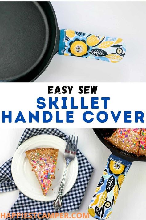 DIY Cast Iron Skillet Handle Cover With A Free Printable Pattern I love cooking with my cast iron skillet, but it is kind of a pain to pull out of the oven. That's why I came up with this DIY Cast Iron Skillet Handle Cover With A Free Printable Pattern! This handle cover is not only cute, but also functional. The included free pattern makes it easy to sew some of these for all your cast iron pots and pans. Save your hands from the heat and make some of these to give as gifts. Easy sewing projec Cast Iron Pan Handle Cover, Cast Iron Handle Cover Diy, Cast Iron Pot Holder Diy, Kitchen Crafts To Sell, Frying Pan Handle Cover Pattern, Skillet Handle Pot Holder Pattern, Cast Iron Handle Cover Pattern Pot Holders, Skillet Handle Cover Pattern Free, Pan Handle Pot Holder