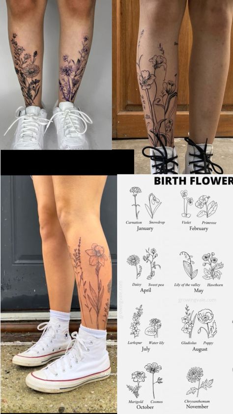 Flowers Tattoo Leg Woman, Flower Tattoo On Shin, Wild Flower Tattoo Leg, Lower Leg Flower Tattoos Women, Botanical Ankle Wrap Tattoo, Lower Leg Flower Tattoo, Shin Flower Tattoo, Calves Tattoos Women, Garden Tattoo Design