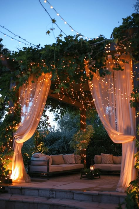 Date Ideas Decoration, Terrace Decoration Ideas, Apartment Herb Gardens, Office Terrace, Gazebo Decorating Ideas, Terrace Decoration, Backyard Engagement, Gazebo Lighting, Tangled Wedding