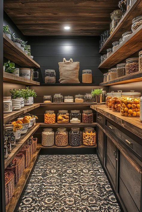 29 Vintage Modern Decor Ideas: How to Mix Retro with Contemporary 25 Vintage Pantry Ideas, Dark Pantry Ideas, Kitchen Jars Decor Display, Moody Pantry, Modern Pantry Design, Luxury Pantry, Kitchen Jars Decor, Pantry Modern, Black Pantry