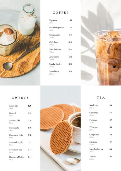 Cafe Menus Aesthetic, Coffee Menu Graphic Design, Cafe Food Menu Design, Minimalist Menu Design Cafe, Coffee Price List Design, Desserts Menu Design, Restaurant Menu Web Design, Menu Design Dessert, Menu Dessert Design