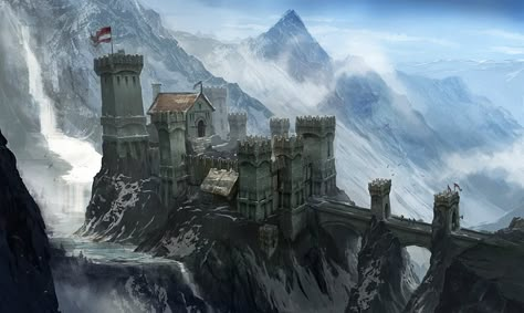 [Cliff Castle] A castle on top of a big mountain! - Gameplay - Stonehearth Discourse Castle Artwork, Fantasy Locations, Bangunan Minecraft, Concept Art World, Big Mountain, Dragon Age Inquisition, Fantasy Concept, Fantasy City, Fantasy Castle