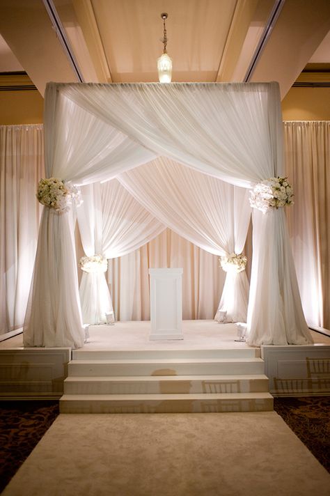 Wedding Chuppah, Wedding Ceremony Ideas, Wedding Canopy, White Drapes, Wedding Ceremony Backdrop, Pipe And Drape, Modest Wedding, Ceremony Backdrop, Wedding Stage