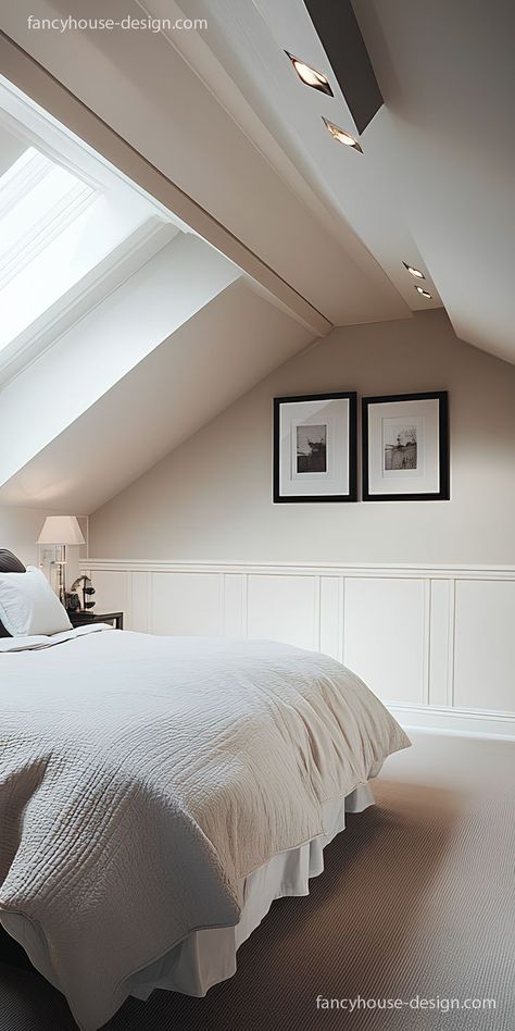 A calming attic bedroom, styled with light wood furniture and modern decor, makes a slanted ceiling feel cozy rather than cramped. Curtains On Sloped Ceiling, Bedroom Aesthetics Dark, Dormer Bedroom Ideas Sloped Ceiling, Dark Cottage Bedroom, Attic Bedroom Ideas Master, Slanted Ceiling Ideas, Bedroom With Slanted Ceiling, Dormer Bedroom Ideas, Room With Slanted Ceiling