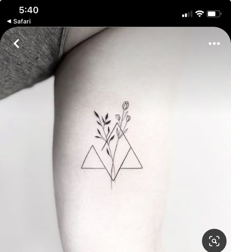 Simplistic Meaningful Tattoos, Minimalist Female Tattoo, Geometric Tattoo Women Arm, Mid Back Tattoos For Women, Geometric And Floral Tattoo, Triangle Cover Up Tattoo, Small Inner Arm Tattoo, Geometric Tattoo Women, Tiny Plant Tattoo