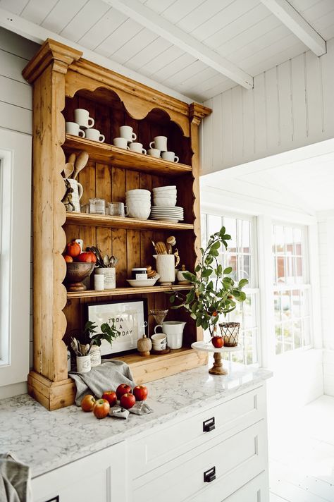 Antique Bookshelf In The Kitchen - Liz Marie Blog Simple Rustic Kitchen Design, Furniture In The Kitchen, Antique Desk In Dining Room, Antique Kitchen Storage, Turning Furniture Into Kitchen Cabinets, Kitchen Dresser Top, Cottage Style Shelves, Vintage Kitchen White Cabinets, Antique Cottage Kitchen