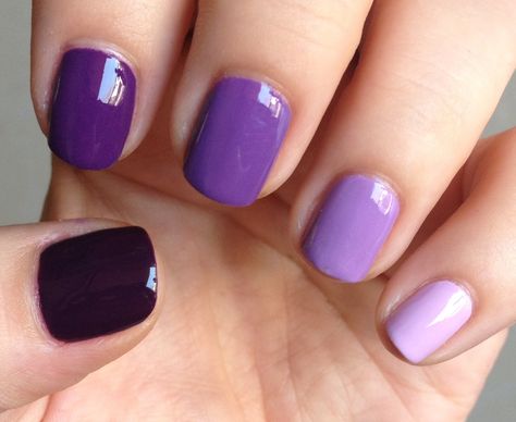 Ombre Nails Each Nail Different Color Purple, Purple Multicolor Nails, Multi Color Purple Nails, Purple Skittle Nails, Multi Purple Nails, Two Tone Purple Nails, Different Shade Of Purple Nails, Purple Fade Nails, Shades Of Purple Nails