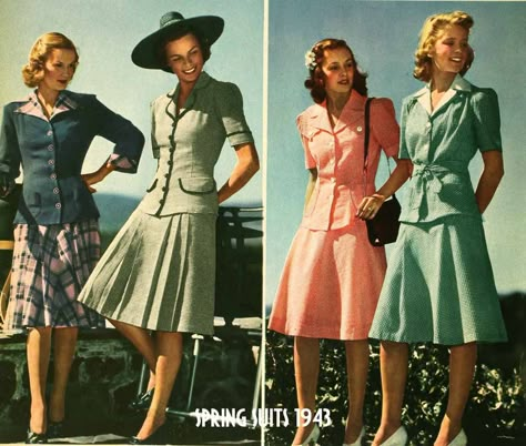 1940s Fashion – Spring College Suits for 1943 early vintage fashion era dress skirt jacket short sleeves pink green black white plaid hat purse shoes hair war swing color photo print ad 1940 Fashion, 1940s Fashion Women, 40's Fashion, Fashion Through The Decades, Decades Fashion, Fashion Eras, 1940s Outfits, Sears Catalog, Fashion 1940s